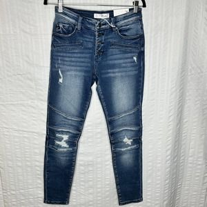 Kancan Jeans Women’s 7/27 Blue Distressed Moto Skinny Button Fly 28x27